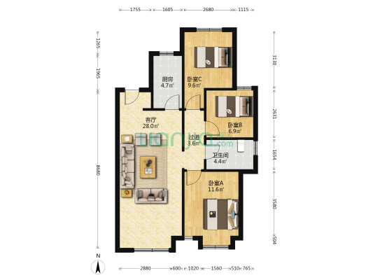 未来花郡南区 3室1厅1卫 101平方