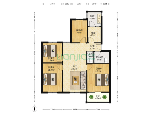 蓝箭小区 3室2厅2卫 100平方
