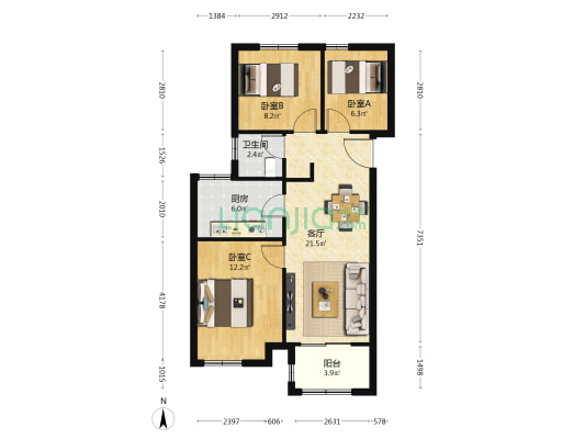 明秀咏江苑 3室1厅1卫 90平方