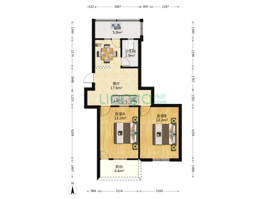煤气公司宿舍 2室1厅1卫 70平方