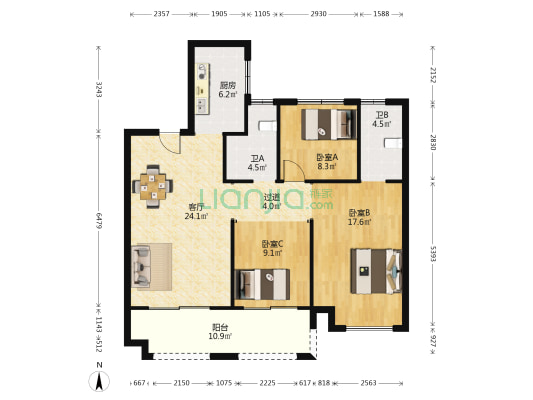 新长江馨悦府 3室1厅2卫 127平方
