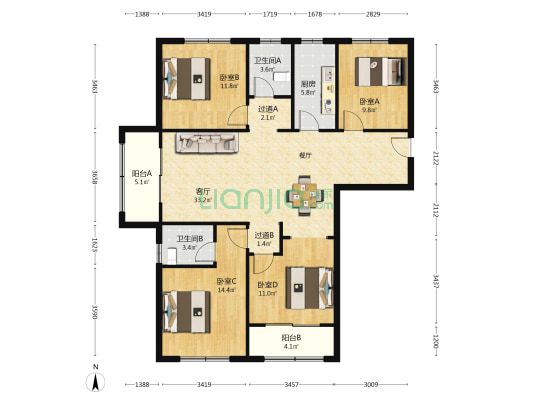 磨店家园同心苑 4室1厅2卫 151平方