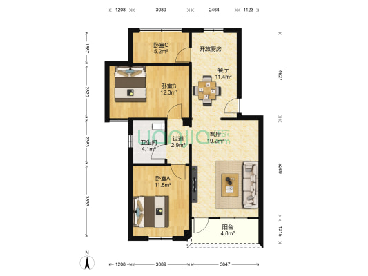 丽景花园 3室2厅1卫 91平方