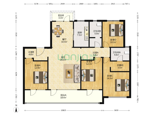 海尔地产中央花园 4室2厅2卫 173平方