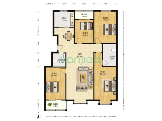 伟东新都二区北区 4室1厅2卫 176平方