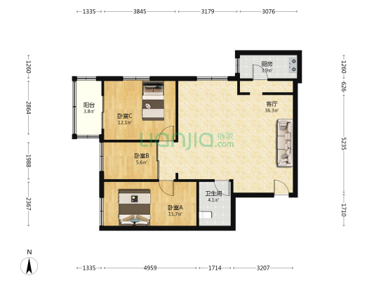 彩虹大厦 3室1厅1卫 107平方