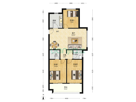 朗悦公园府悦璟苑 3室1厅2卫 119平方