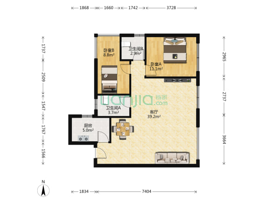 昊园江南壹品 2室1厅2卫 83平方