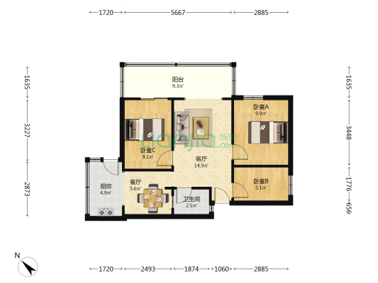 东华门街8号 3室2厅1卫 76平方