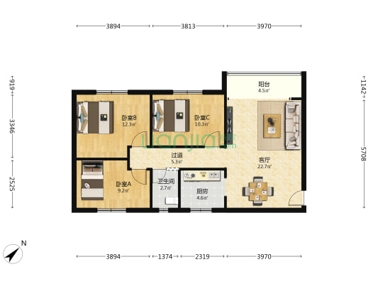 丰收小区 3室1厅1卫 84平方