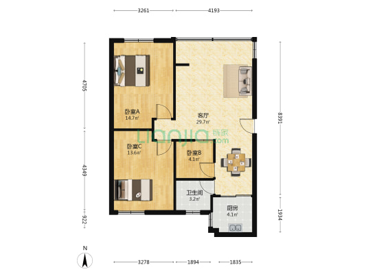 新兴花苑 3室1厅1卫 82平方
