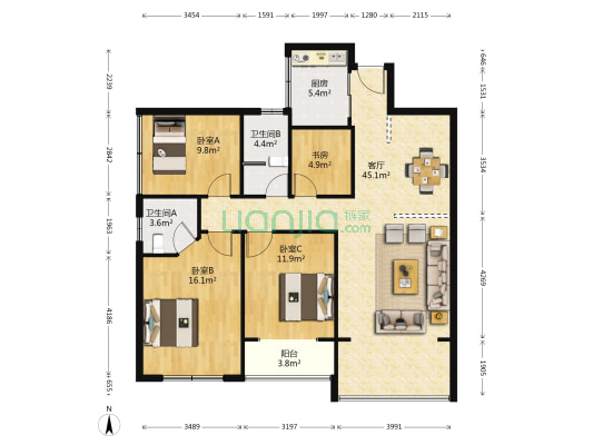 世纪桃花苑之苹果印象 4室1厅2卫 117平方