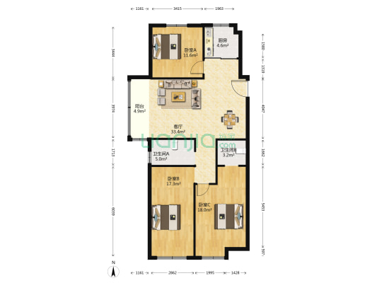 港利上城国际西区 3室1厅2卫 140平方