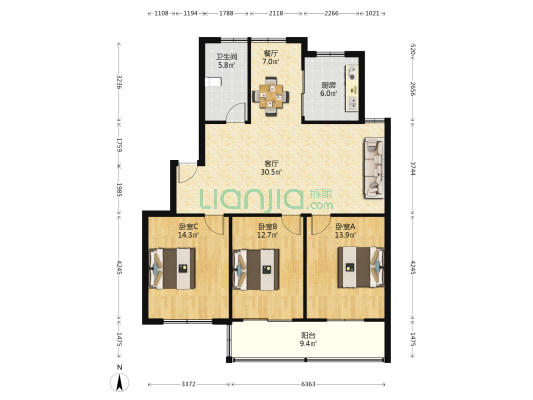 银洋河公寓 3室2厅1卫 120平方