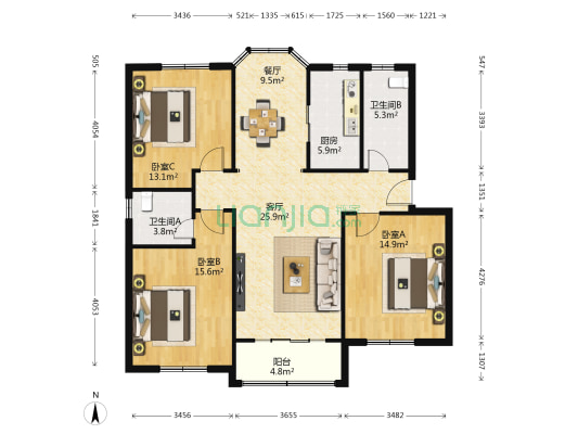 南苑十村 3室2厅2卫 122平方