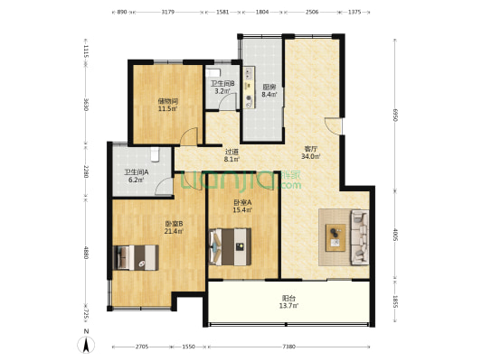 记者家园 2室1厅2卫 134平方