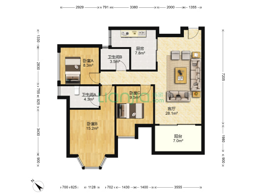 东海香悦里 3室1厅2卫 97平方