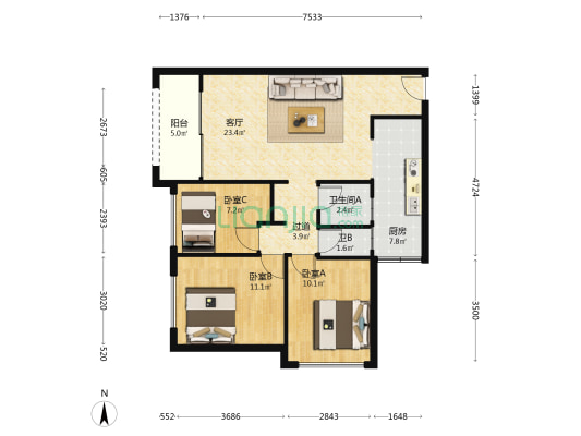 新科城市广场 3室1厅2卫 89平方