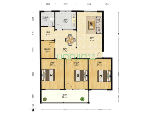 燃料小区 3室2厅1卫 136平方