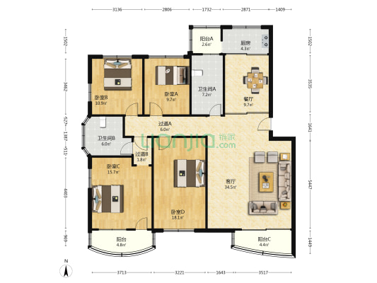 双雁花苑 4室2厅2卫 155平方