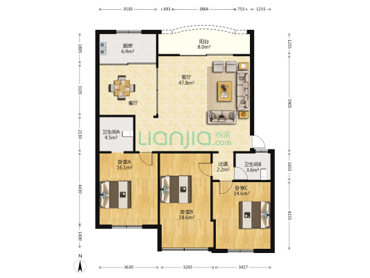 乐升花园 3室1厅2卫 148平方