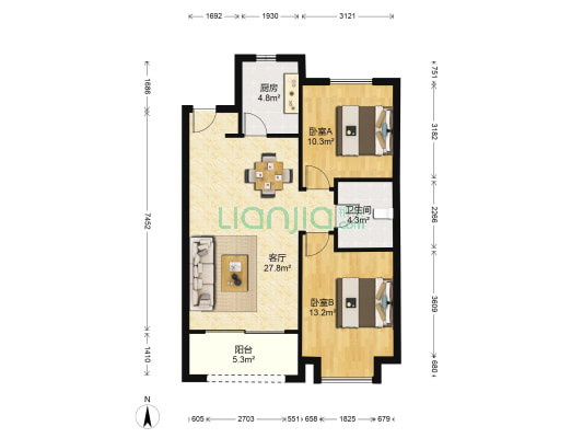 君豪御园 2室1厅1卫 88平方