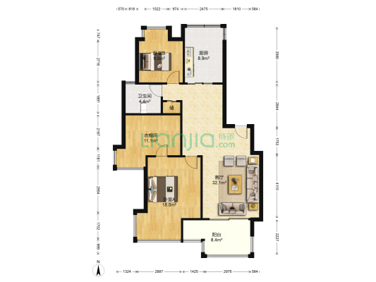 万达华府东苑 2室1厅1卫 103平方