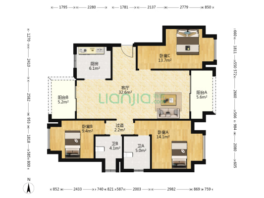 长滩原麓瑾园A区 3室1厅2卫 115平方