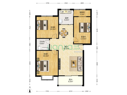 锦绣佳园 3室1厅1卫 117平方