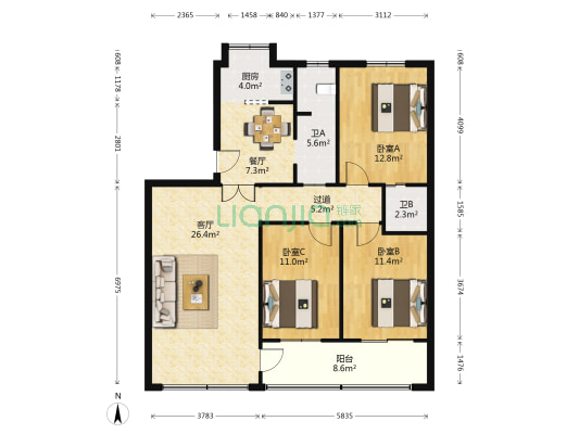 市六运宿舍 3室2厅2卫 107平方