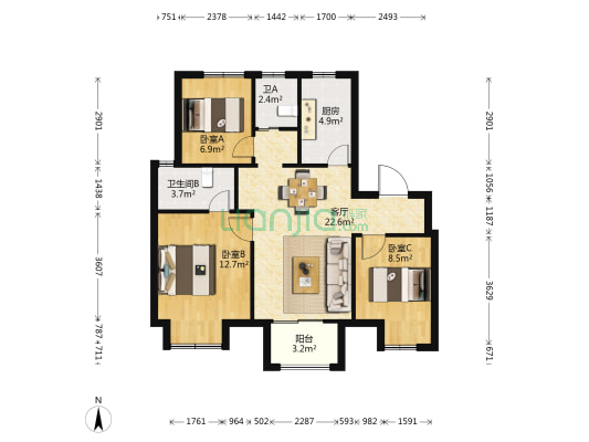 太仓依云四季苑 3室1厅2卫 87平方