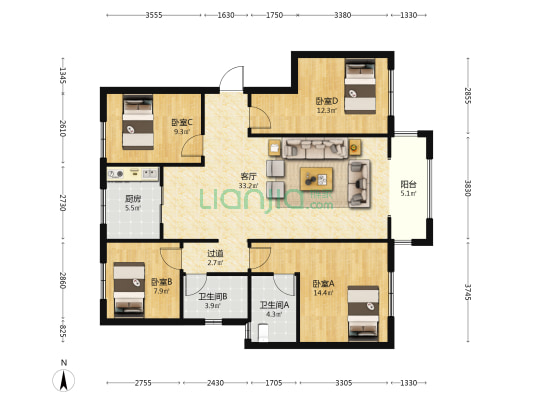 华夏四季A1泰璟苑 4室1厅2卫 120平方
