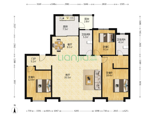 绿地凤栖澜玥 3室2厅2卫 158平方
