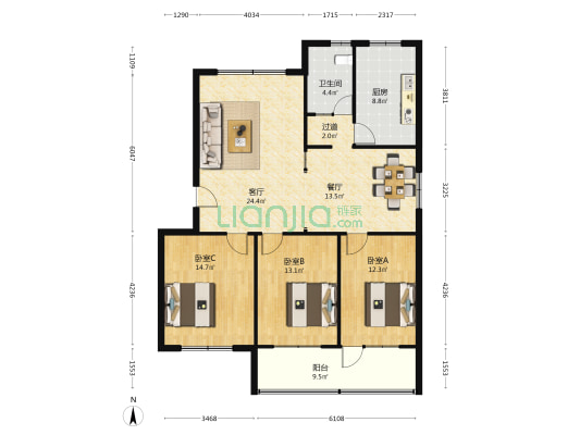 福新花园 3室2厅1卫 128平方