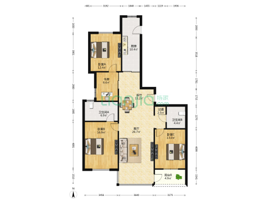 中洋高尔夫公寓 4室2厅2卫 164平方