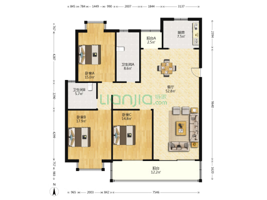 天安花园 3室1厅2卫 158平方