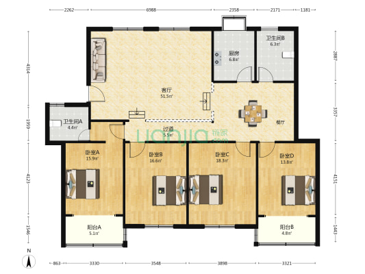 建材大市场小区 4室1厅2卫 179平方