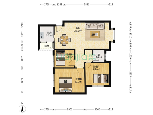 月映长滩c区 3室1厅1卫 77平方