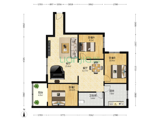天祥街28号 3室2厅1卫 104平方
