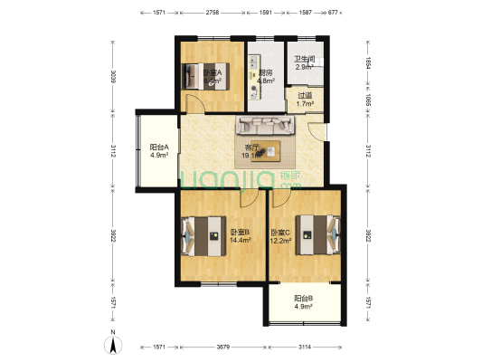 十二村 3室1厅1卫 89平方