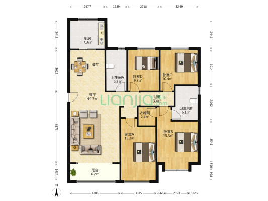 融创都会中心观湖 4室1厅2卫 161平方