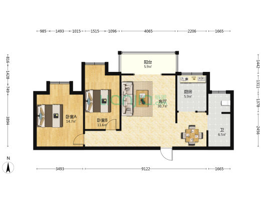 锦江东城 2室1厅1卫 91平方