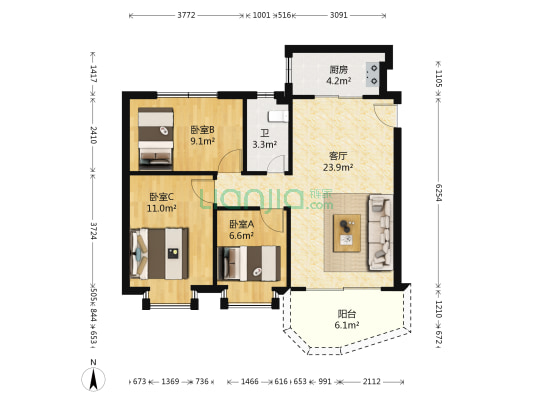 富安花园B区 3室1厅1卫 77平方
