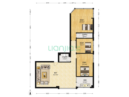 牧电公寓 3室1厅2卫 124平方