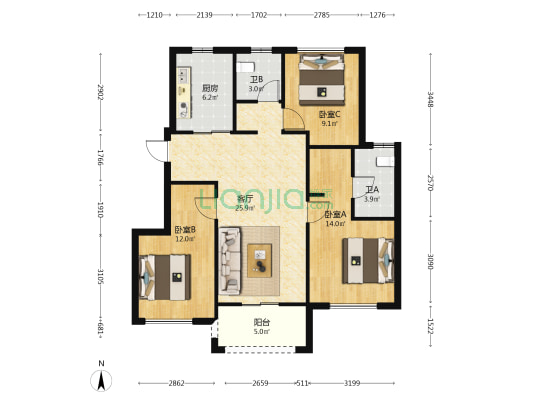 世茂帝封江I区 3室1厅2卫 88平方