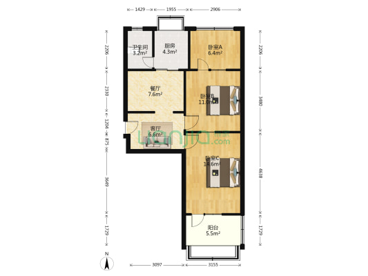 交通设计院宿舍 3室2厅1卫 59平方