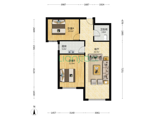 狮子城 精装两居 楼栋位置好 好楼层 视野佳-户型图