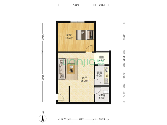 房子是正规的一室一厅户型，单价低，总价低，有房本，-户型图