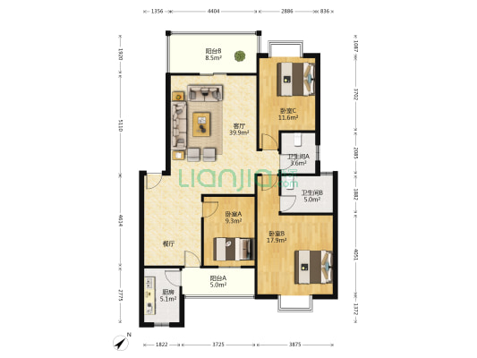 城市花园一期 3室1厅2卫 124平方
