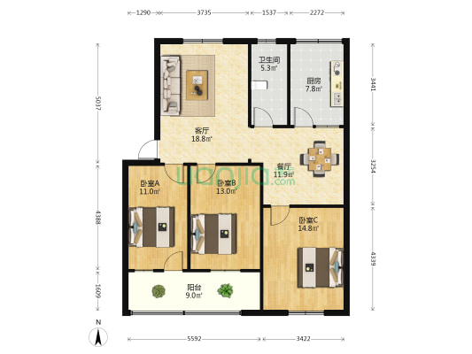 物资贸易中心家属院 3室2厅1卫 107平方